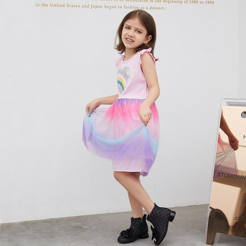 2022 European And American Style Girls Short Sleeve Dress Summer Cartoon Colored Yarn Princess Dress